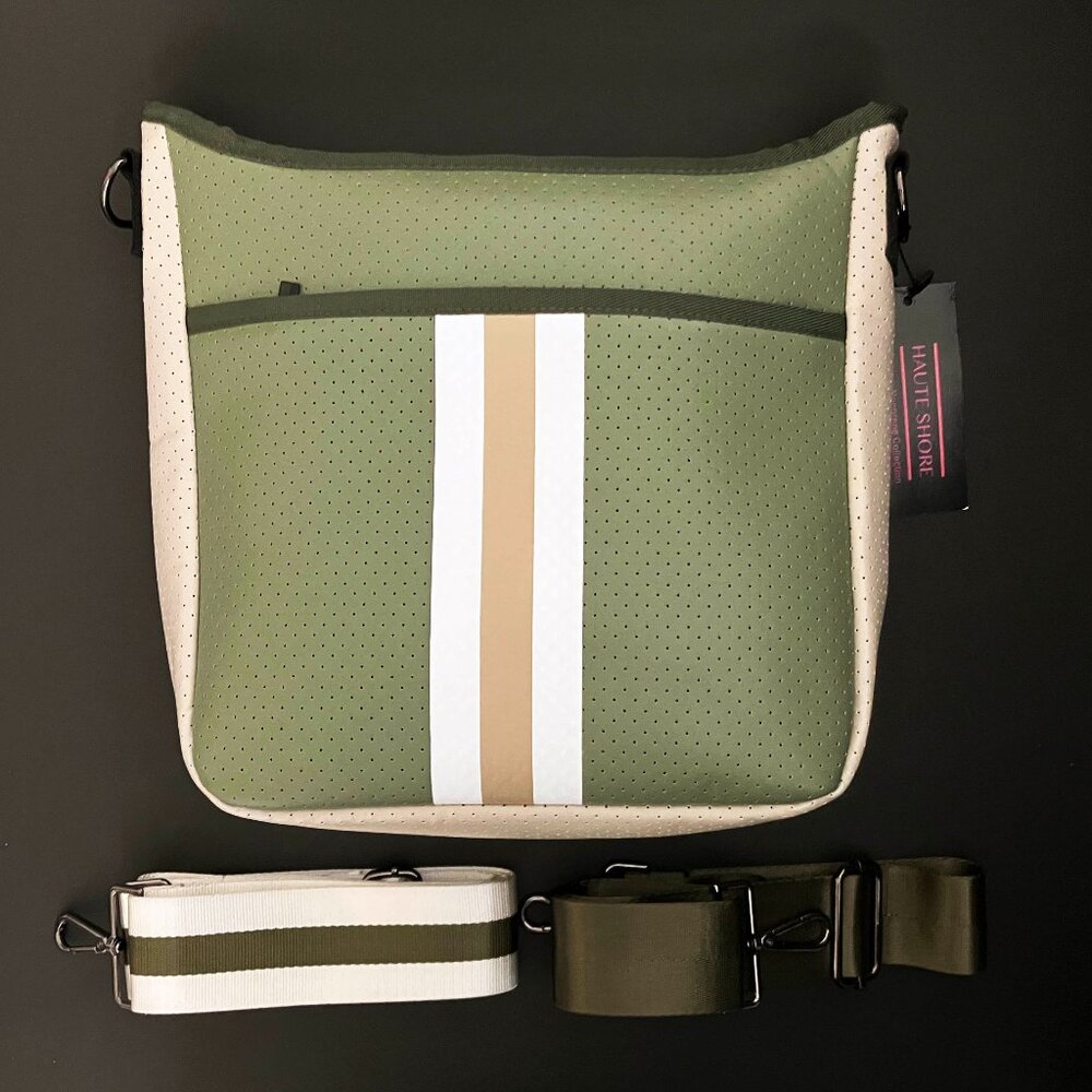 Haute Shore Jeri Spruce _ White Stripe Neoprene Crossbody purse tote bag _NWT  b